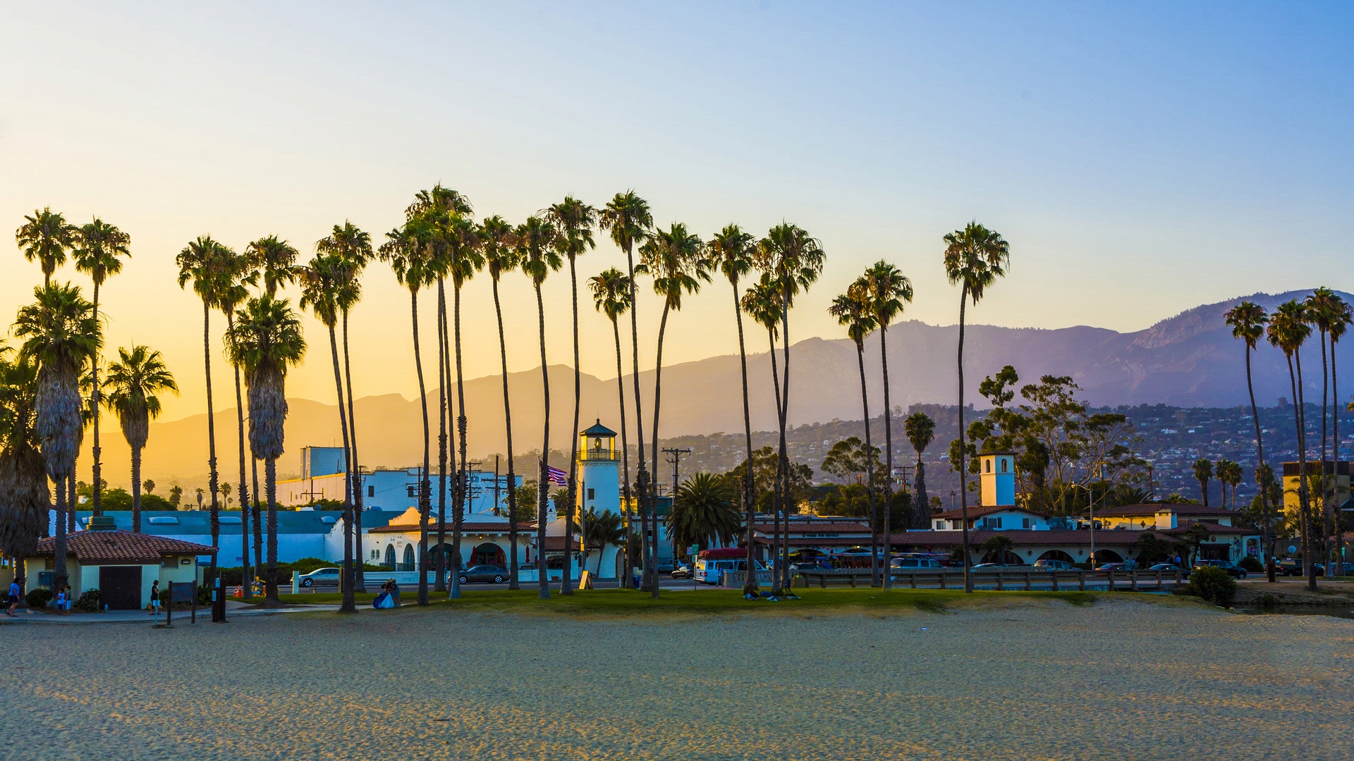 Beachfront area with mountains in the background